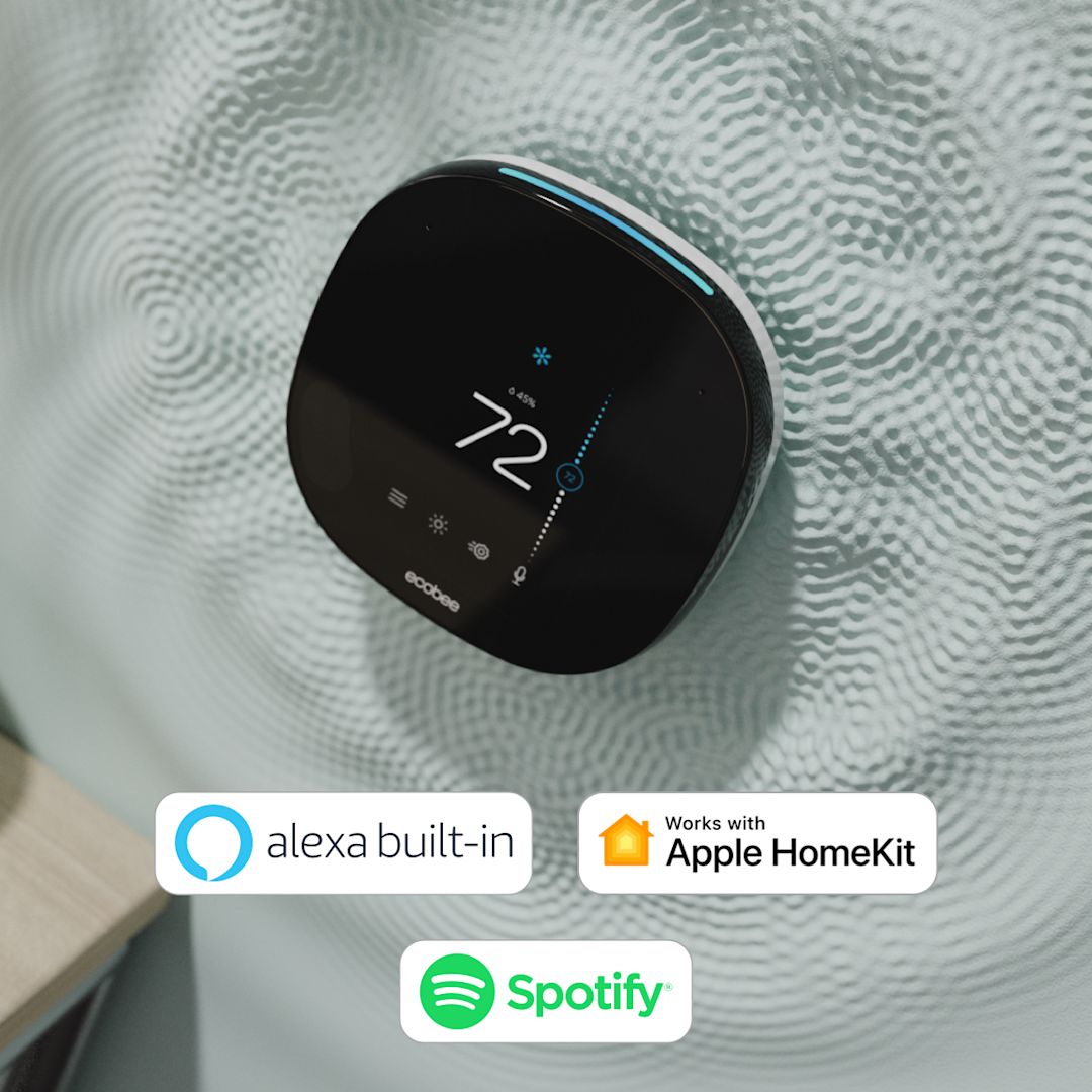 ecobee thermostat with logos for Alexa, Apple HomeKit, and Spotify