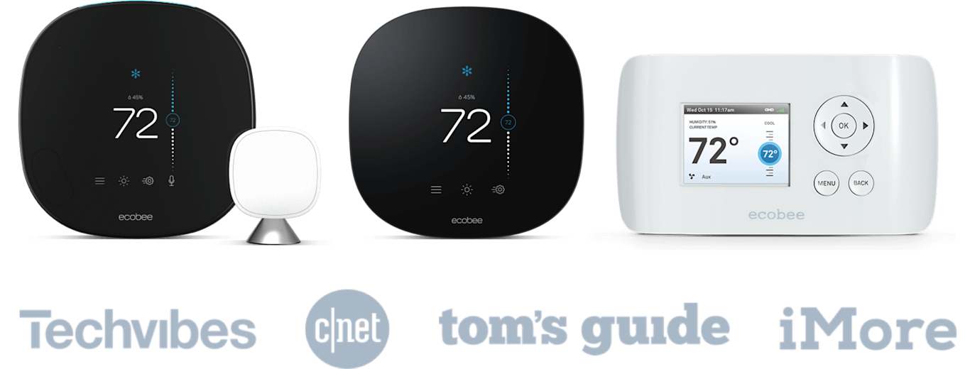 The ecobee SmartThermostat with Voice Control, ecobee3 lite, and ecobee EMS Si with the logos for Techvibes, CNet, Tom's Guide, and iMore underneath.