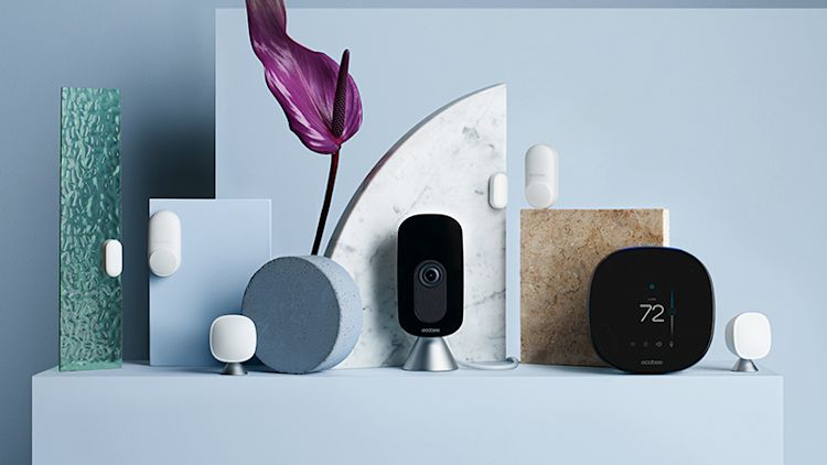 ecobee Total Home Comfort and Security Bundle. Bundle includes these ecobee devices: SmartThermostat with voice control, SmartCamera, two SmartSensors, and two SmartSensors for doors and windos.
