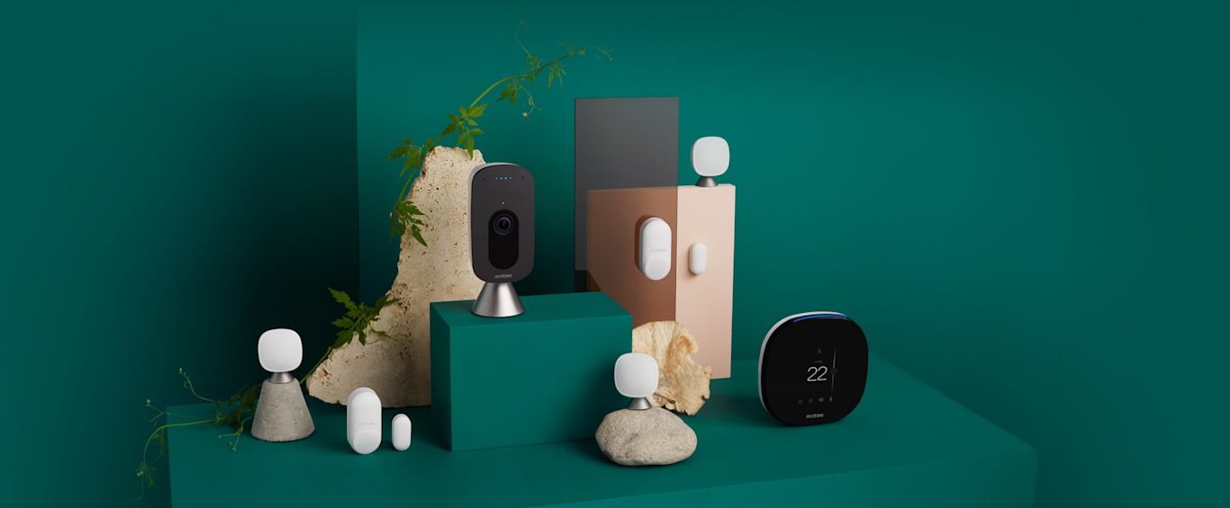 The ecobee suite of products on a green background.