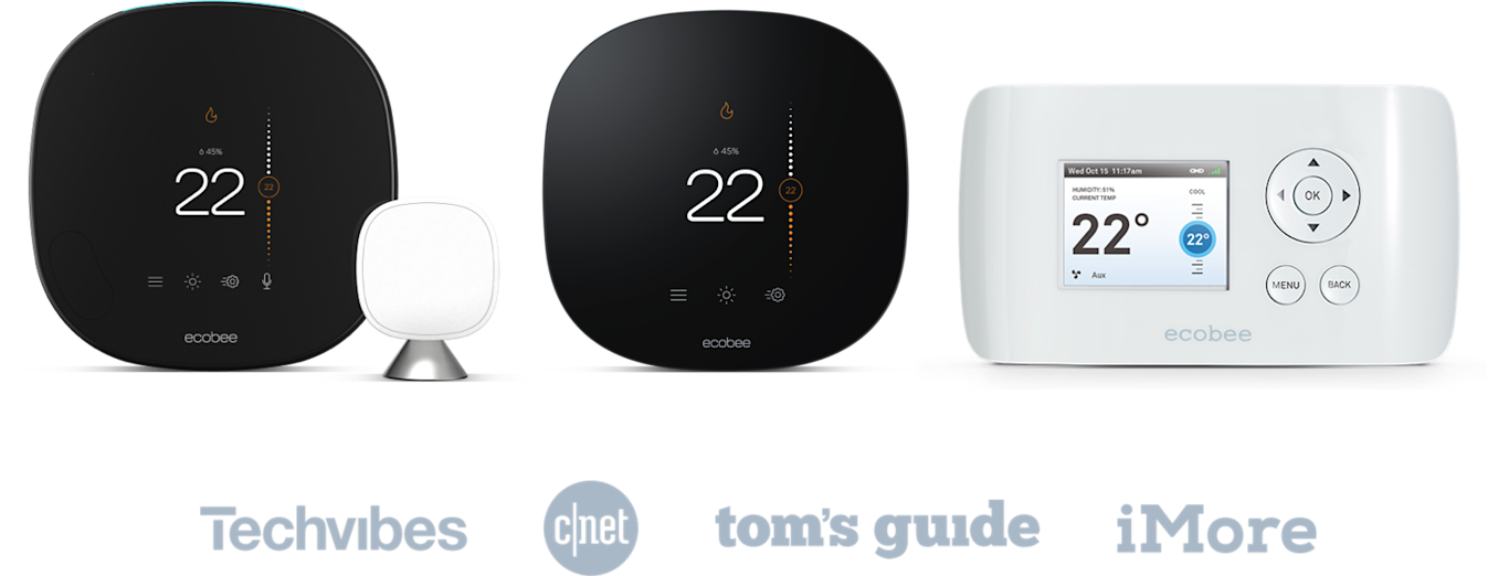 The ecobee SmartThermostat with Voice Control, ecobee3 lite, and ecobee EMS Si with the logos for Techvibes, CNet, Tom's Guide, and iMore underneath.