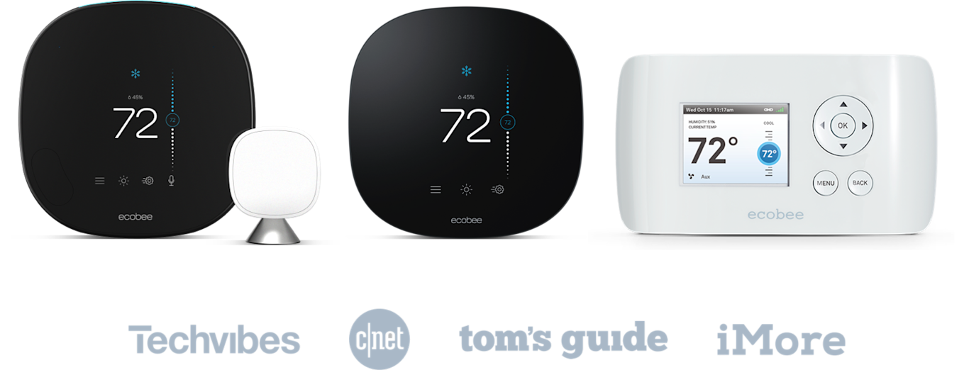 The ecobee SmartThermostat with Voice Control, ecobee3 lite, and ecobee EMS Si with the logos for Techvibes, CNet, Tom's Guide, and iMore underneath.