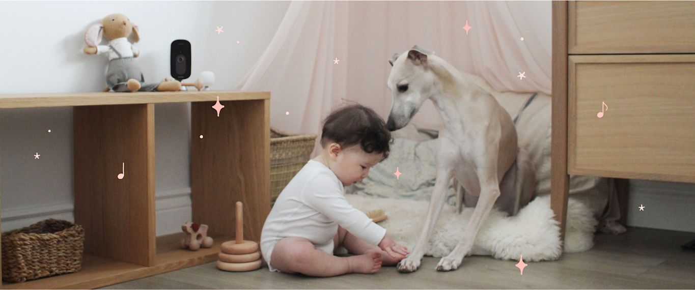 A baby plays on the floor with a dog while the ecobee SmartCamera monitors from a shelf.