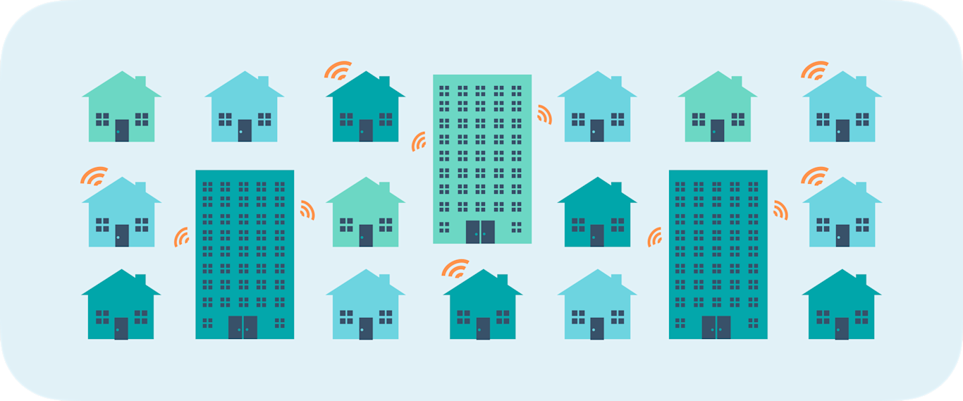 An animated image of houses and an apartment building with wifi symbols dispersed throughout.