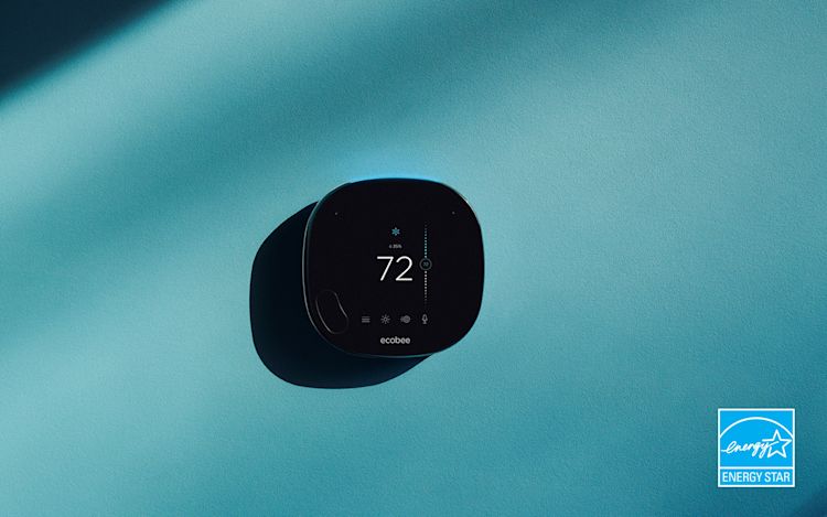 ecobee SmartThermostat with voice control on blue background with Energy STAR logo in bottom-right corner