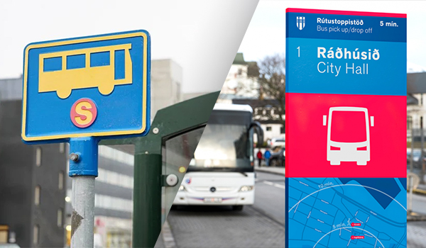 A collage featuring public transport signs: a blue bus stop sign, a white shuttle in the background, and a red City Hall direction sign with a map, indicating an urban transit hub.