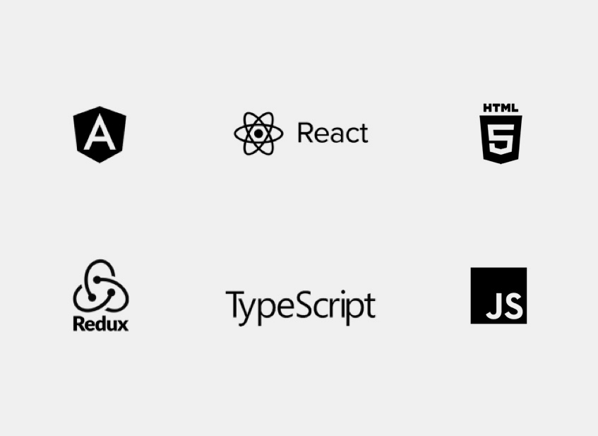 Angular, HTML5, JavaScript and ReactJS logos on gray background