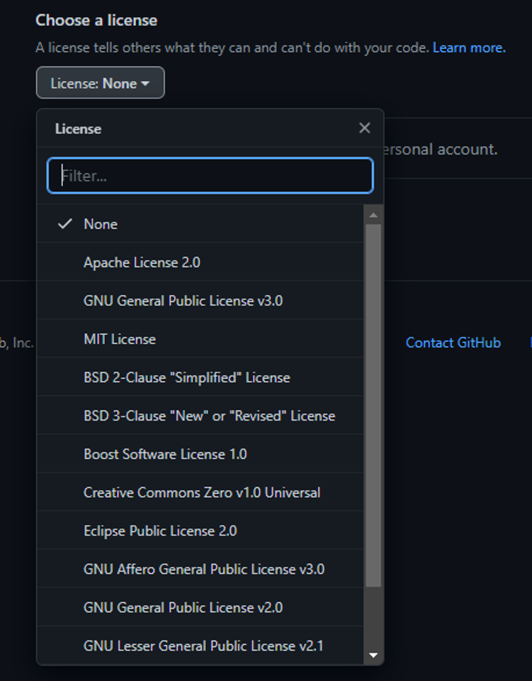 Github screenshot of license selector