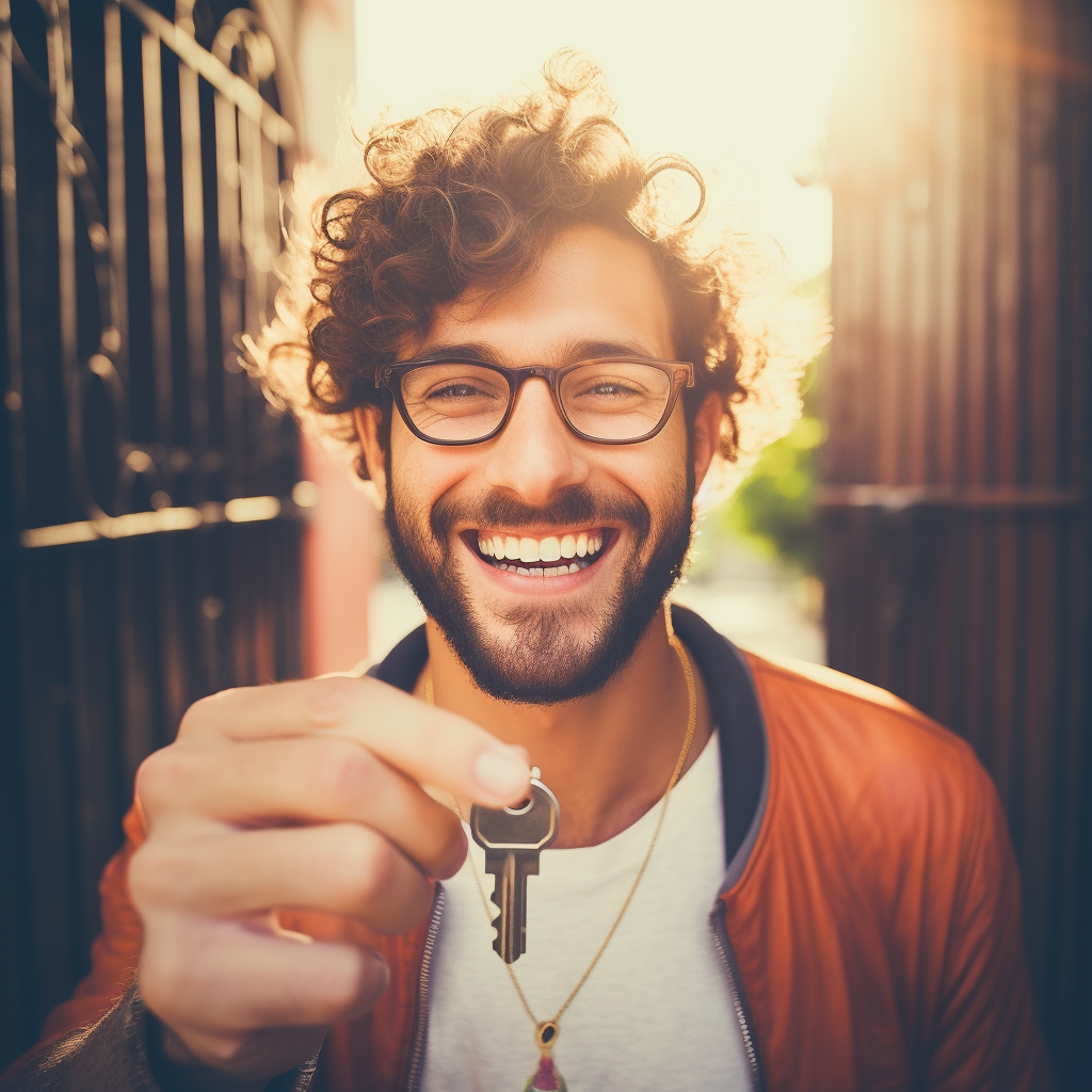 A smiling person holding a key in their hands