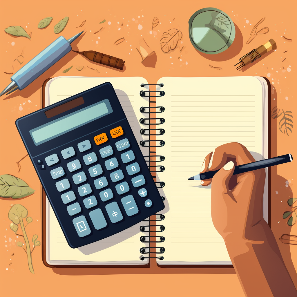 Hands holding a calculator and a notebook with note