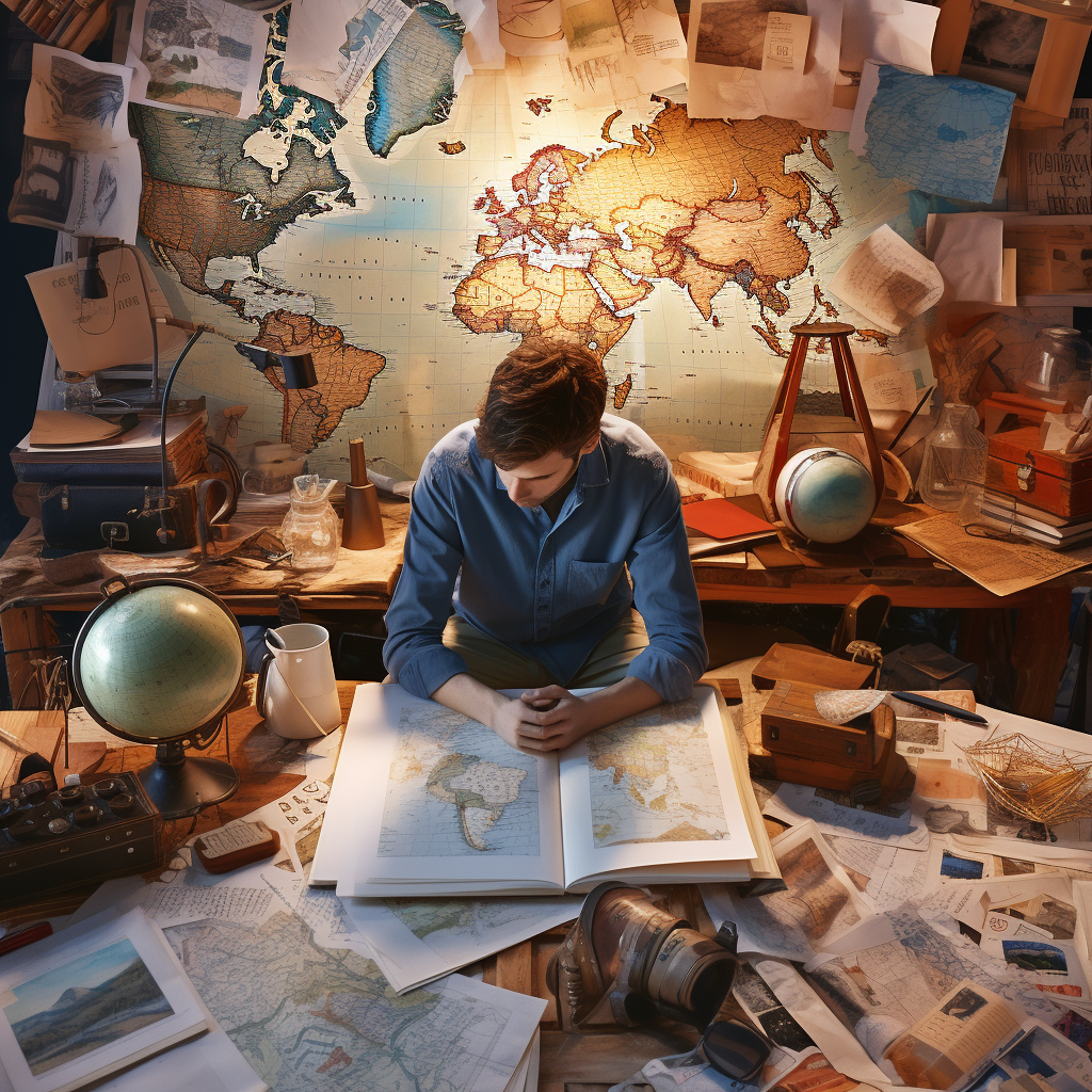 A person planning their career abroad surrounded
