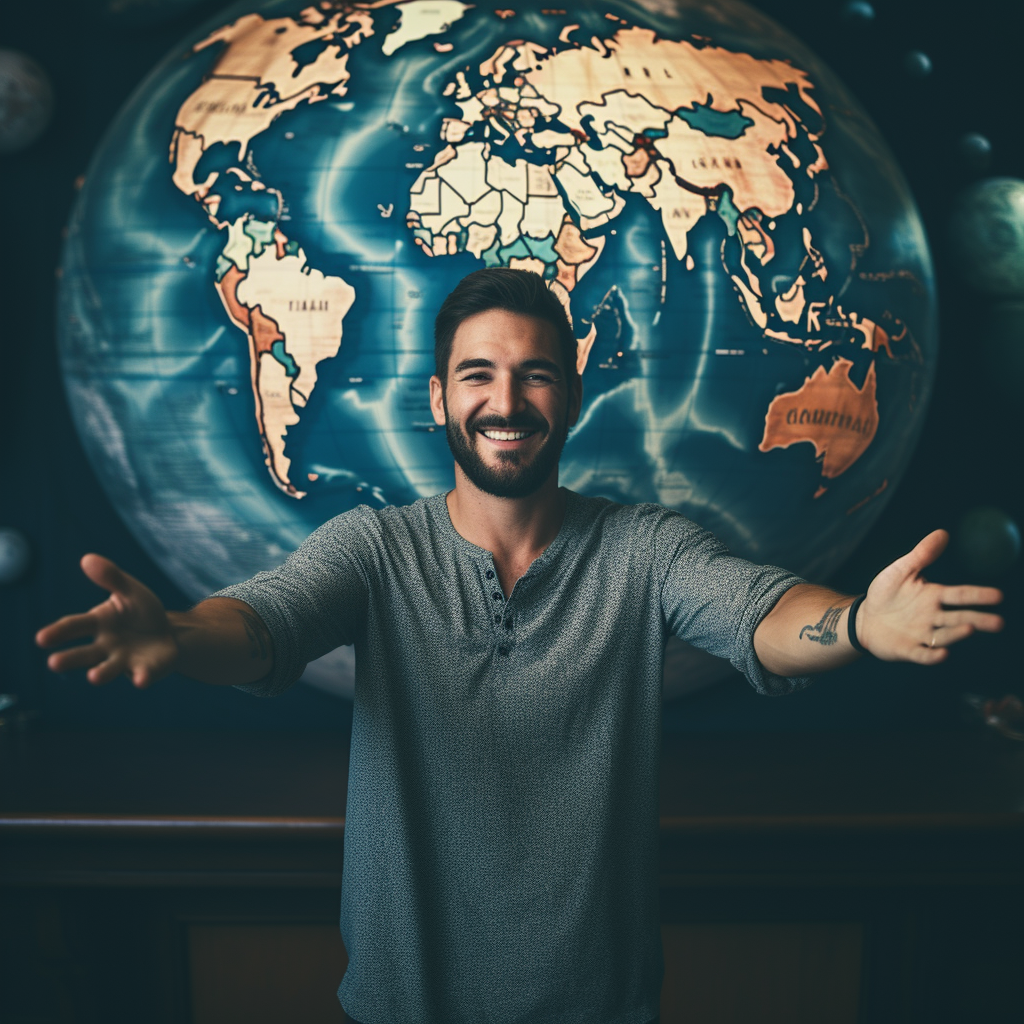 A smiling person with a world map and open hands