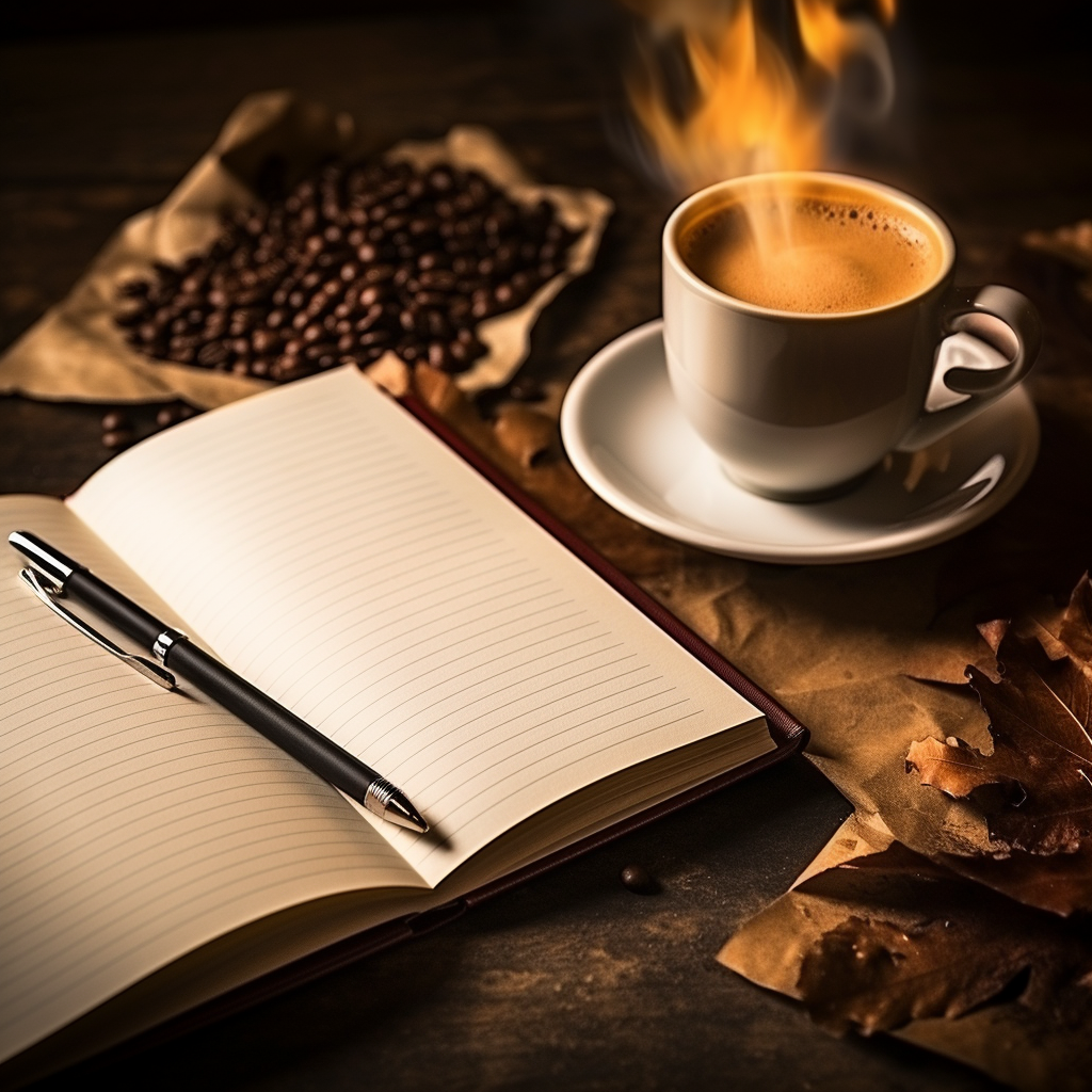 Steaming coffee and a notebook with notes symbolizig