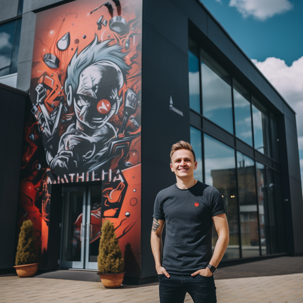 Michal against the background of his startups headquarter