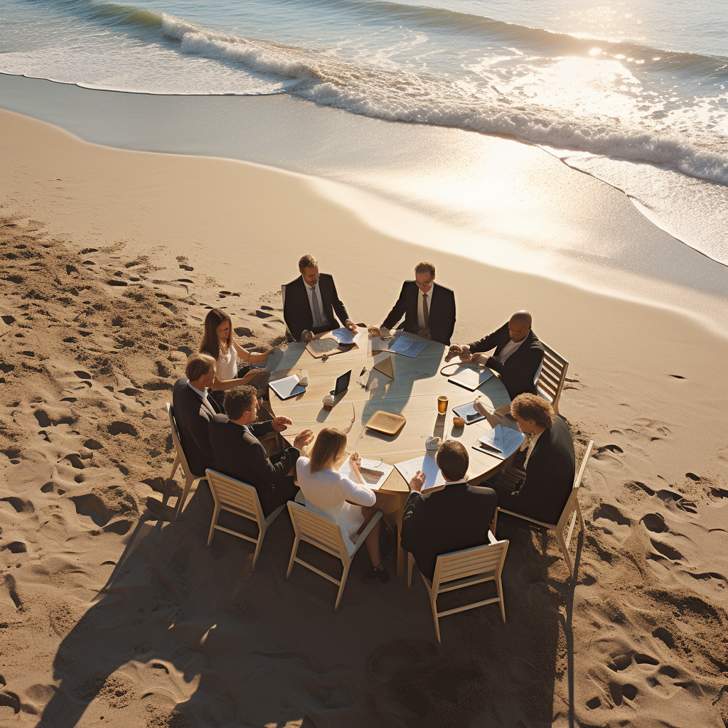 A person conducting a business meeting on the beach