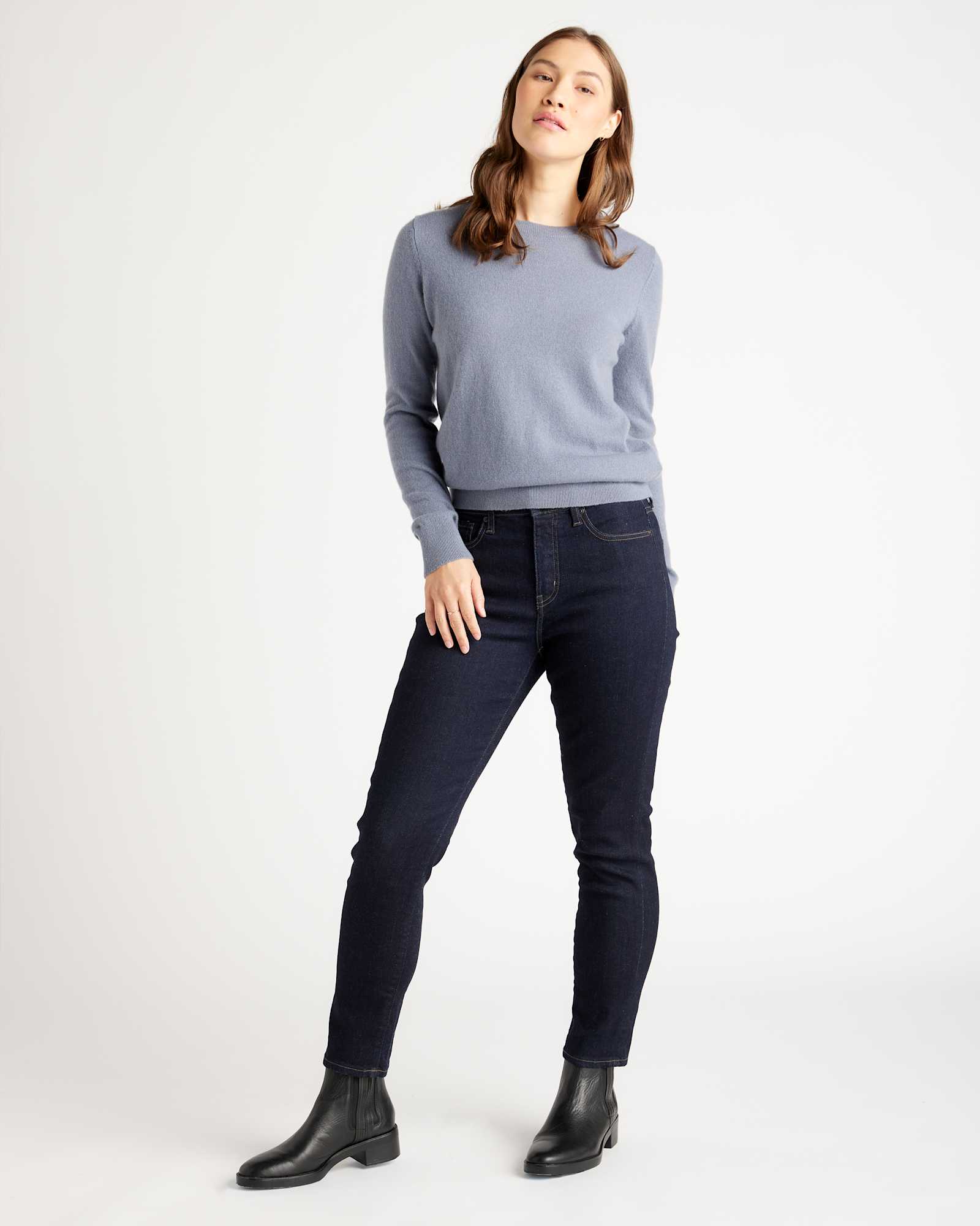 woman wearing blue cashmere sweater 1