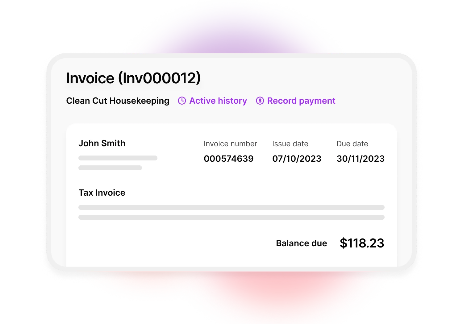 Example of an invoice sent from MYOB Business software to a customer. The invoice includes the customer name, invoice number, issue date and due date. You can also click to see your history with this client and records of previous payments.