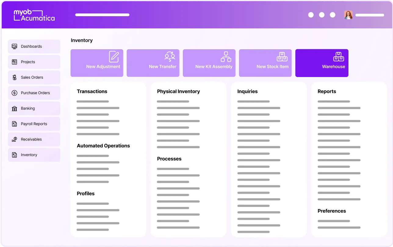 MYOB Acumatica inventory management dashboard showing navigation menu and action buttons for stock management functions.