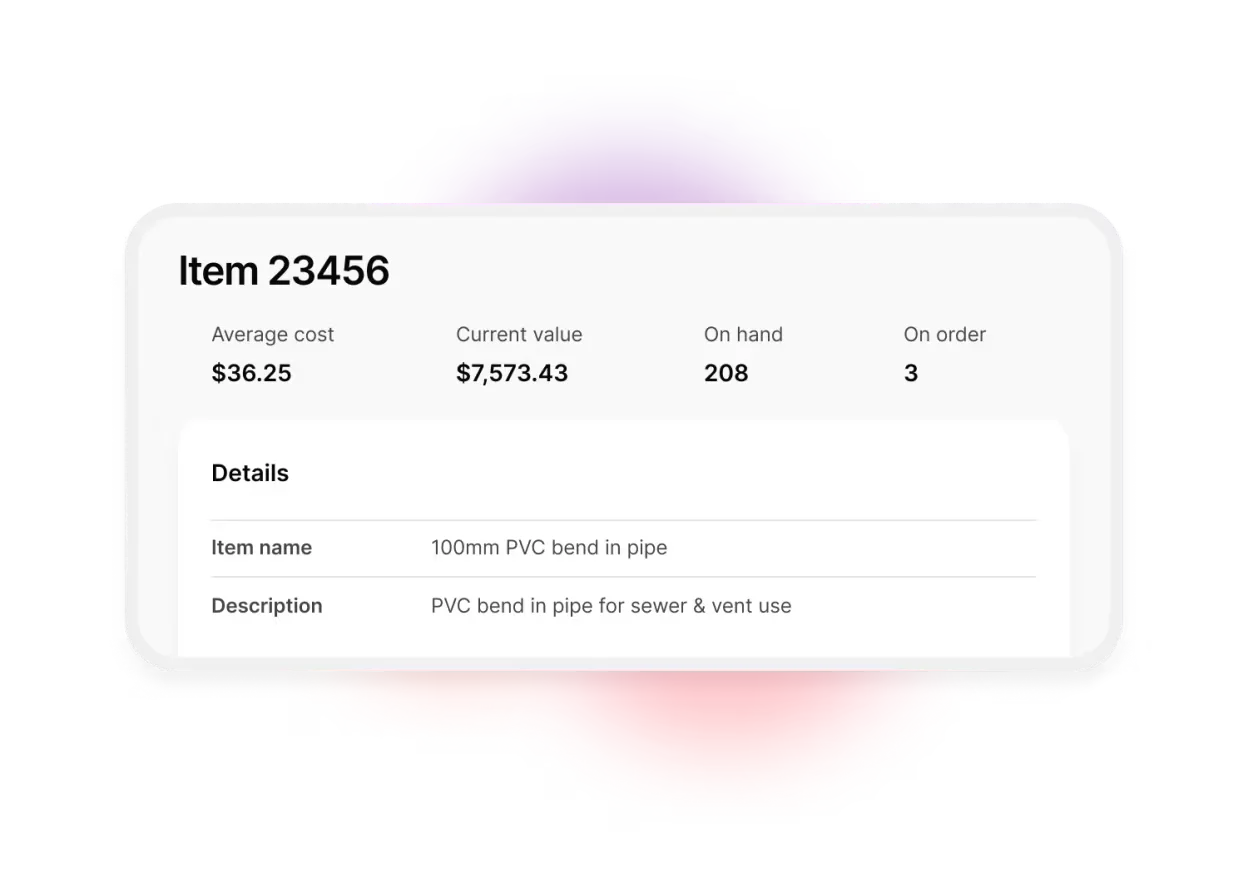 Example of MYOB inventory process, for PVC bend in pipe. Screen capture includes current value, average cost, stock on hand and ordered stock.