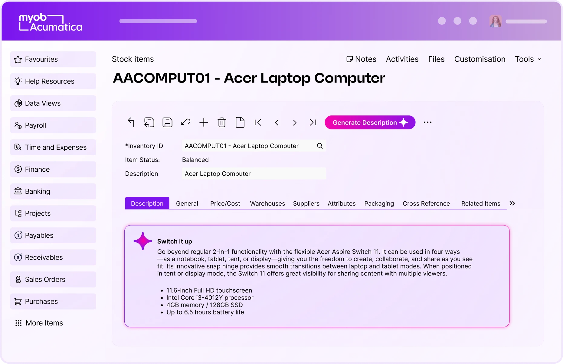 MYOB Acumatica stock item page for an Acer Laptop Computer showing an AI-generated product description with key specs.