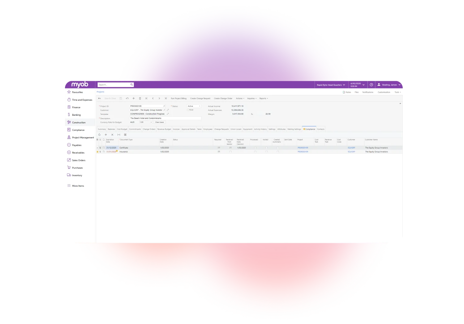 A screenshot of the MYOB Acumatica Construction Edition dashboard, featuring certificates and insurance details relating to a specific project and customer.