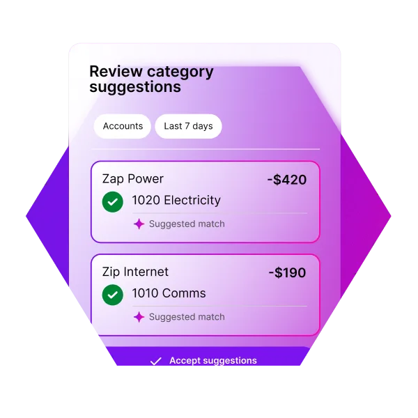 A purple UI screen showing category suggestions for Zap Power electricity and Zip Internet transactions with accept option.
