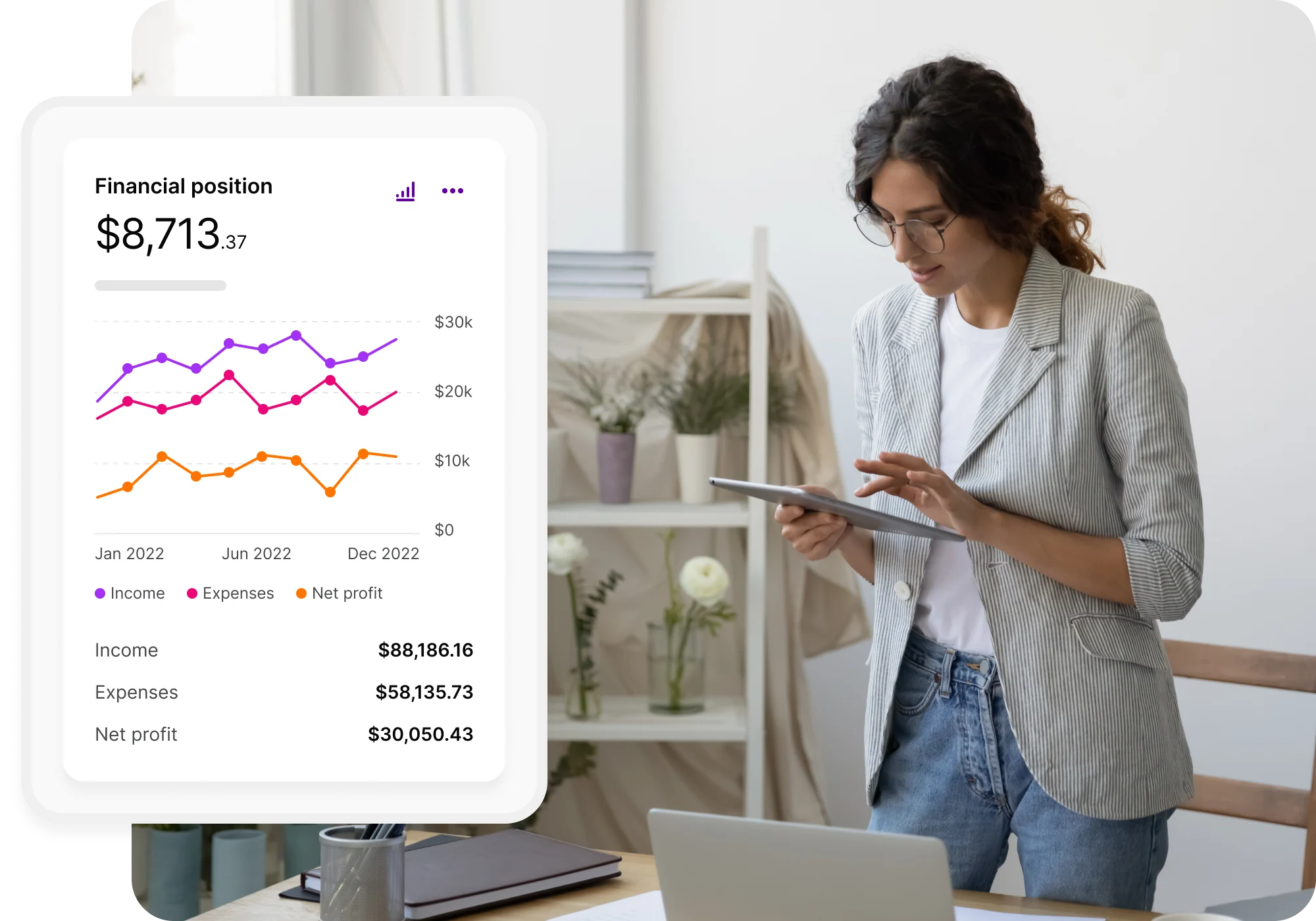 On the lefthand side of the image is a view of the financial reporting available from your MYOB Business dashboard. In this snapshot report, you can see income, expenses and net profit by month. On the righthand side of the image is a woman intently looking at an ipad. 