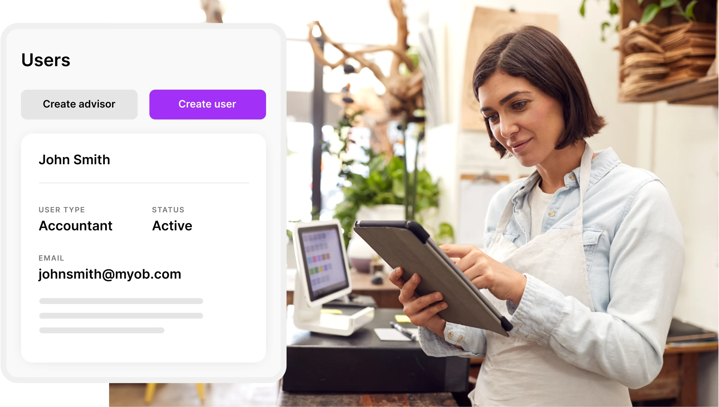 A product illustration of the adding a new user workflow. The image includes user type, status and email address. This is overlaying an image of a woman working in hospitality. She hold a tablet and stands in front of a Square payment system.