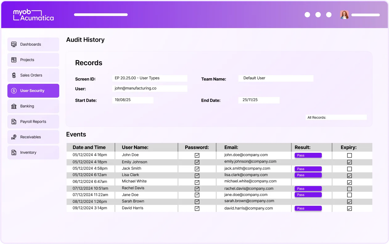 MYOB Acumatica audit history screen showing user security records with login events and pass results from December 2024.