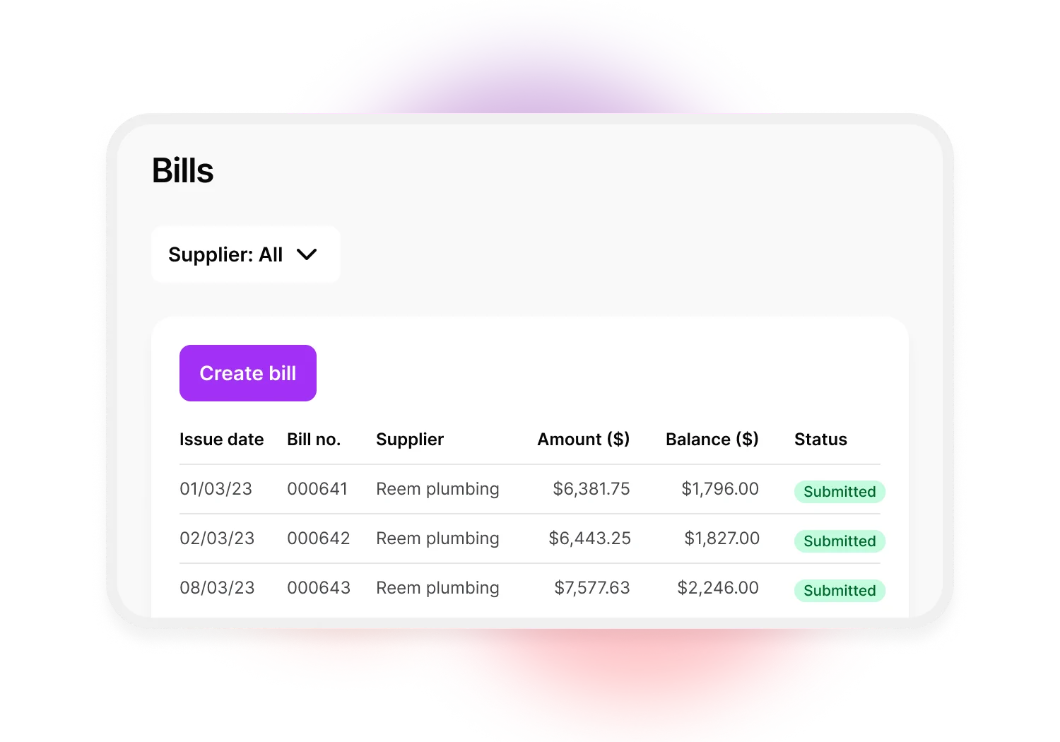 This is an illustration of the bills screen. This includes a dropdown menu to select a supplier, a button to create a bill and a report below with bill details. These bill details include: issue date, bill number, supplier, bill amount, bill balance and status.