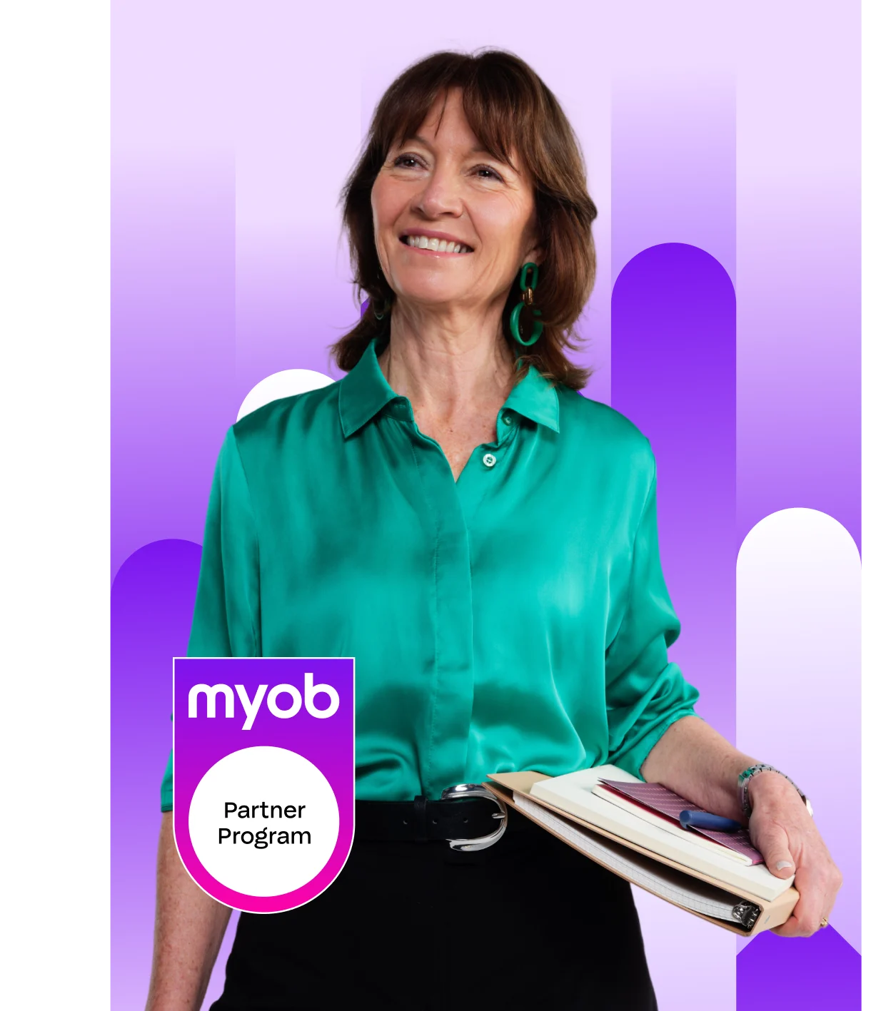 Smiling professional bookkeeper in a bright green shirt holding a folder, looking upwards. A purple MYOB Partner Program logo is prominent in the foreground.