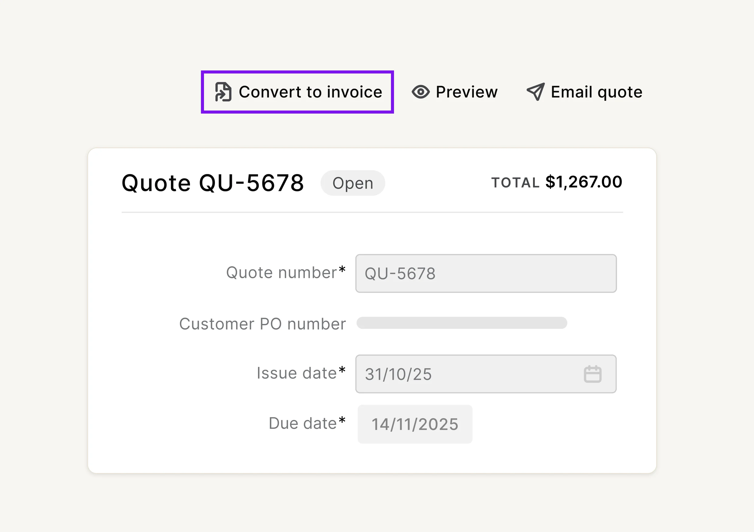 Quote interface has "convert to invoice" button, allowing you to instantly convert the quote to invoice. There's also a preview button and the option to email the quote from MYOB.