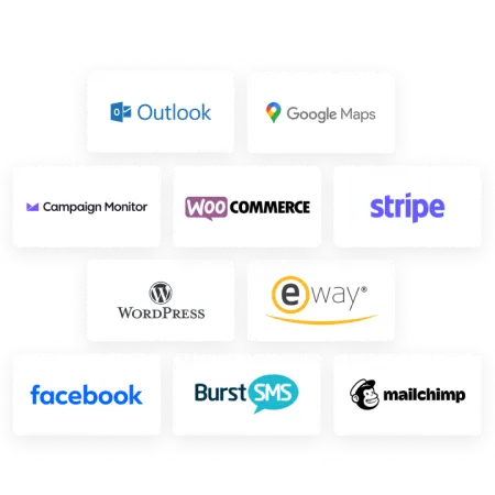 A mosaic of multiple product logos, including Microsoft Outlook, Stripe, Facebook and Mailchimp.