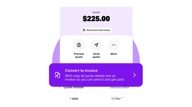 A mobile app screen showing a $225.00 quote for Alexandria Hernandez with options to preview, send, or convert to invoice.