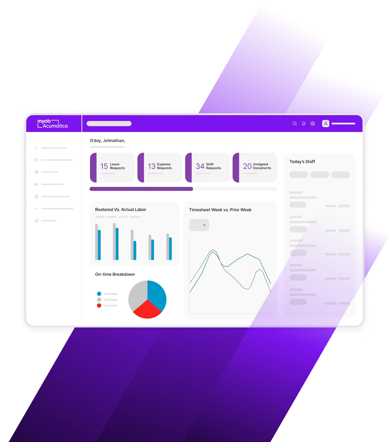 MYOB Acumatica dashboard showing request notifications, labor comparison charts, and timesheet data with purple interface design.