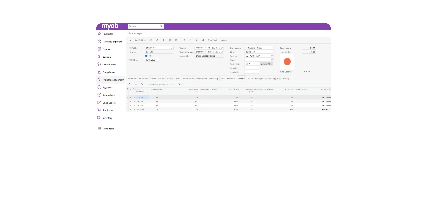 A screenshot of the MYOB Acumatica Construction dashboard, featuring detailed project information, including billing details, income and expenses, site location and personnel.