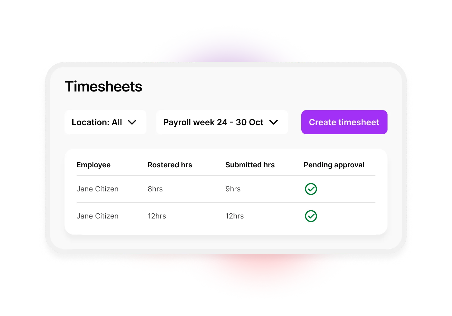 A simple view of the timesheets screen. There are two dropdown options along the top. These are location and payroll week. There's a large purple button for creating new timesheets and a list of timesheets that are pending approval.