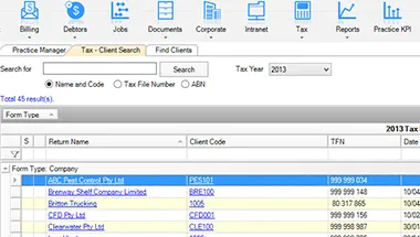 Accountants Enterprise Tax's interface showing client search capability