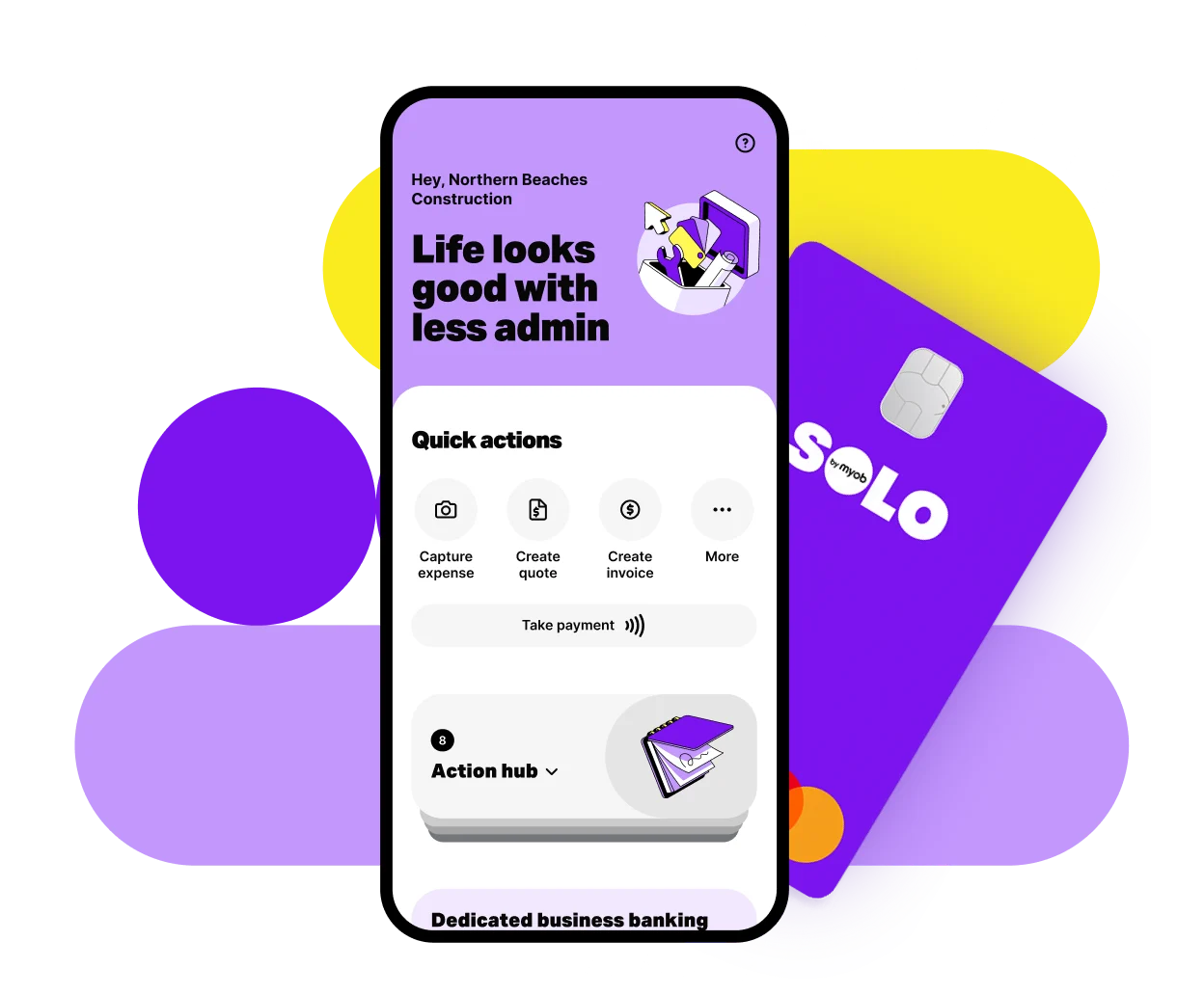 Solo app screen showing quick actions like capture expense, create invoice, and take payment, plus Solo Money account details. The purple Solo Business Debit Card is in the background.