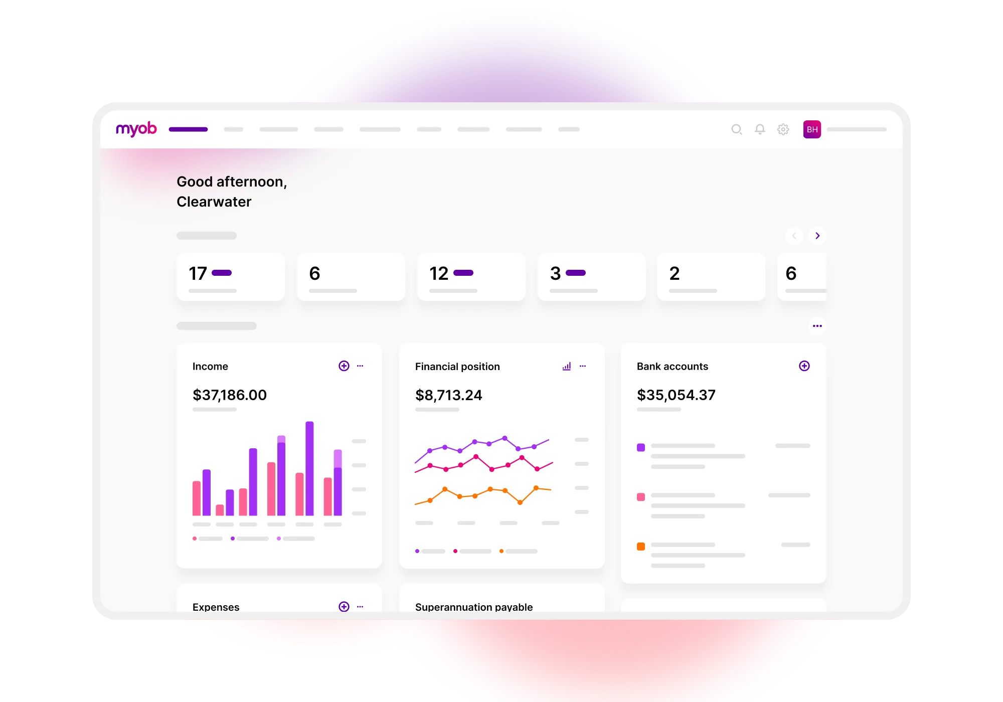 A simplifed view of the MYOB Business dashboard. In this simple illustration, you can see three of the widgets available: the income report, the financial position report and the bank accounts snapshot.