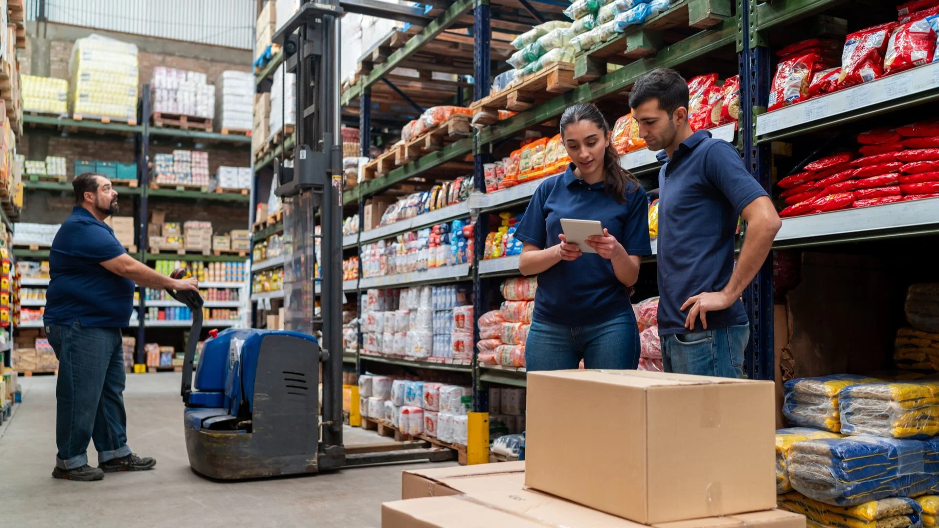Workers in blue uniforms checking inventory on tablet in warehouse with stocked shelves and forklift nearby.