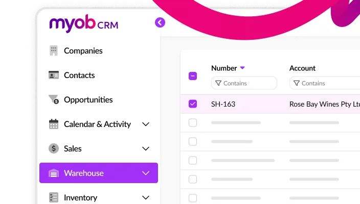 A render of the MYOB CRM portal, with the Warehouse tab in focus.