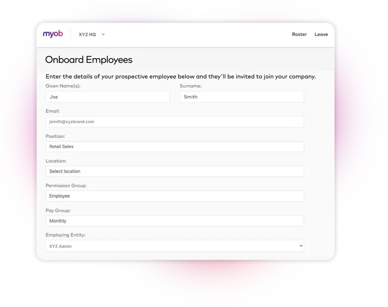 Screen capture of onboarding employee process with form fields for new employee name, position, email etc.