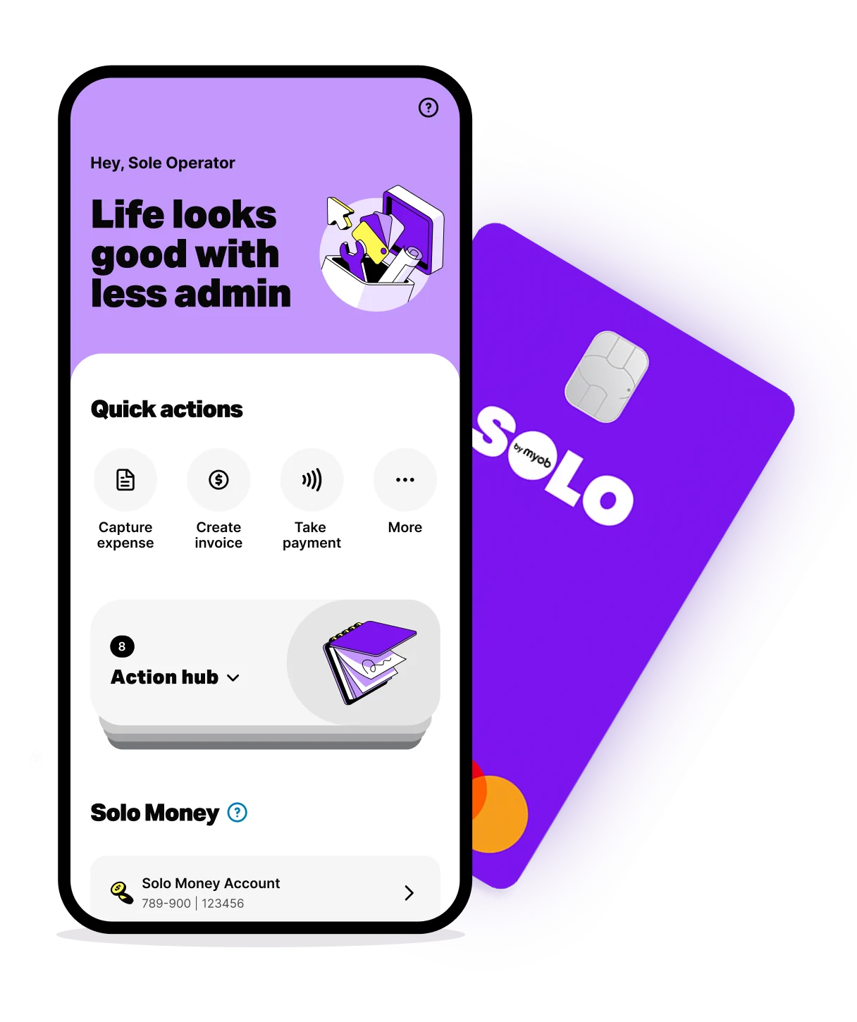 Solo app screen showing quick actions like capture expense, create invoice, and take payment, plus Solo Money account details. The purple Solo Business Debit Card is in the background.