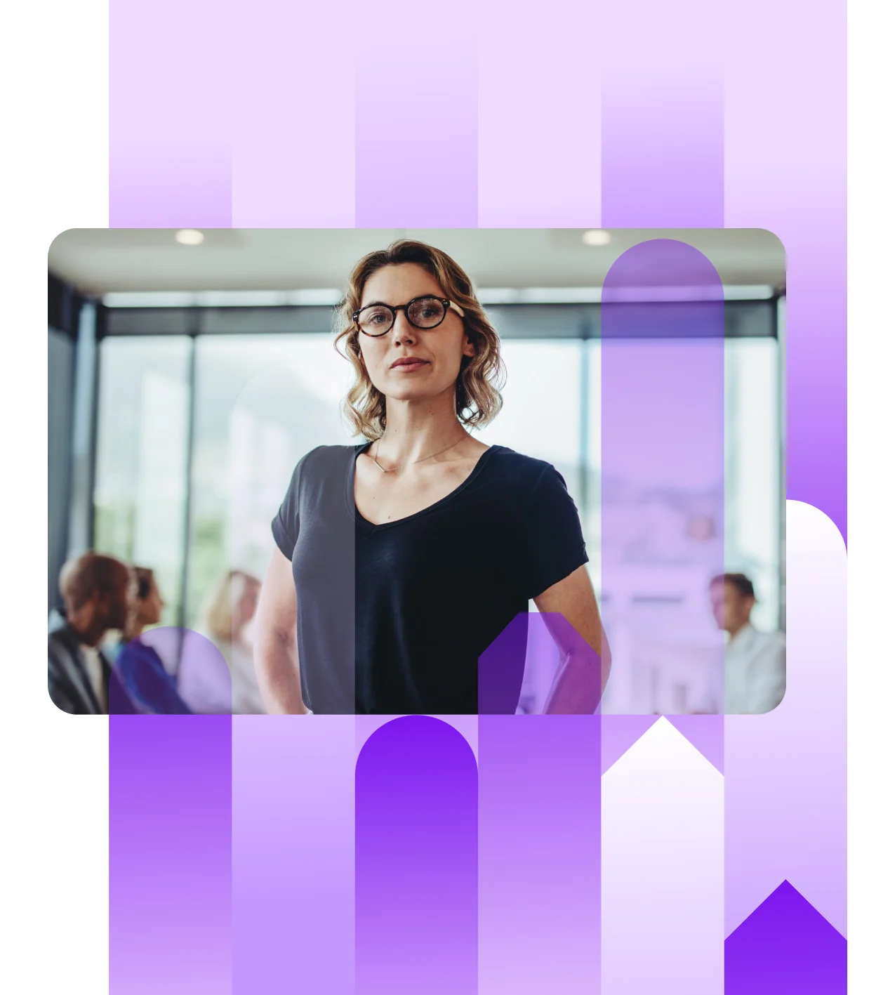 Serious, professional woman with glasses and a black shirt standing confidently in a modern office with people blurred in the background, framed by a purple gradient.