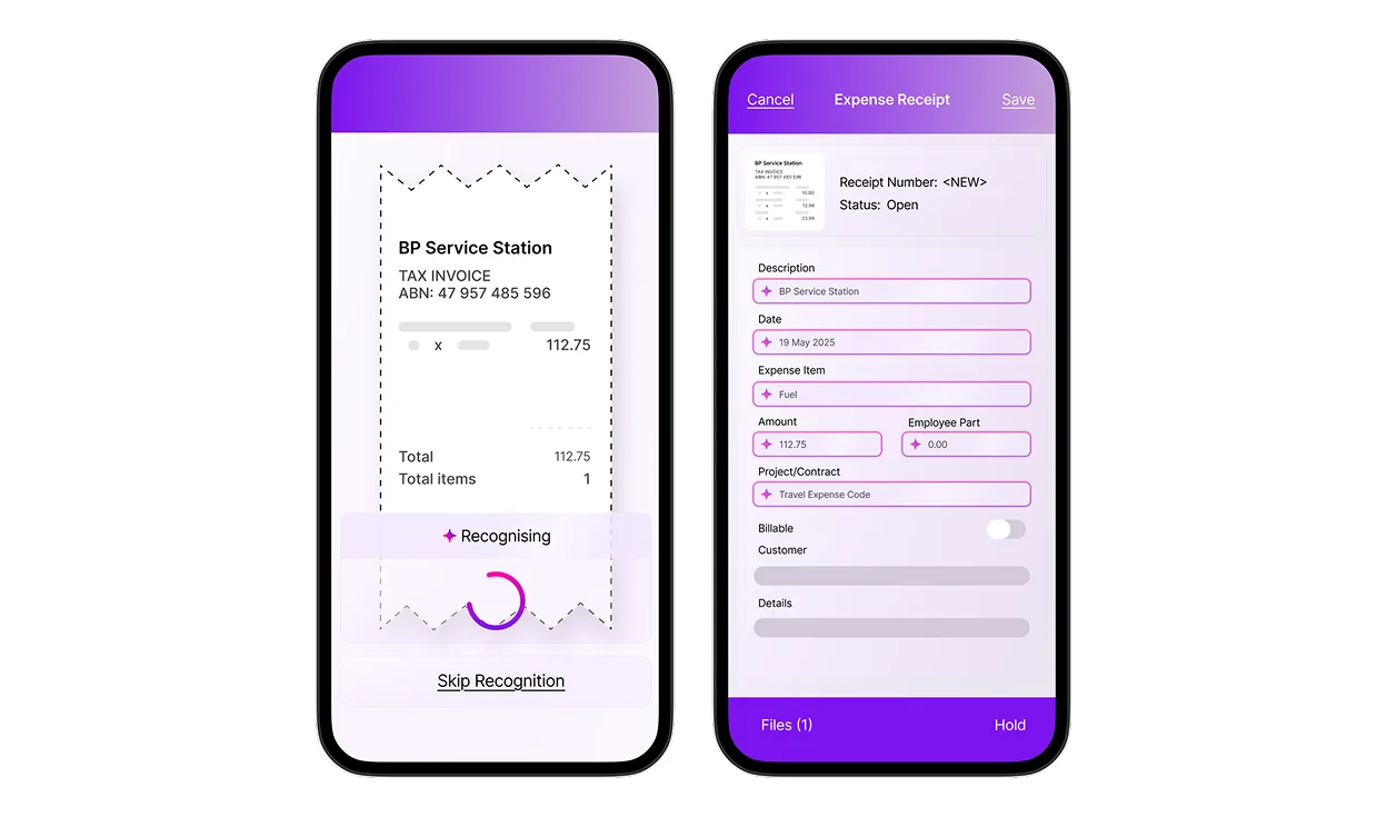 Two smartphones showing an expense receipt app scanning a BP Service Station tax invoice and auto-filling expense details.