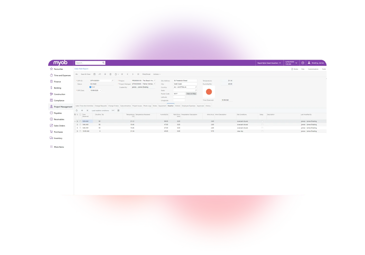 A screenshot of the MYOB Acumatica Construction dashboard, featuring a daily field report, activities and site information.