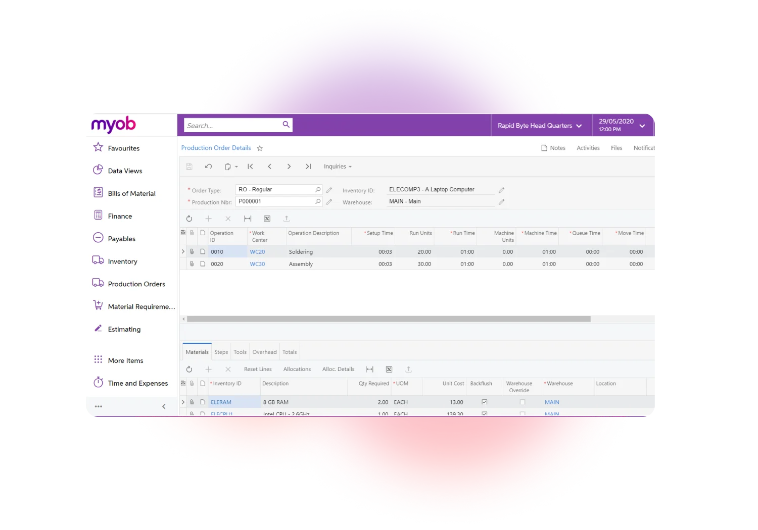 Keep track of production order details in a single view. From the Manufacturing ERP menu, you can also find click between bill of materials, finances, inventory and more.