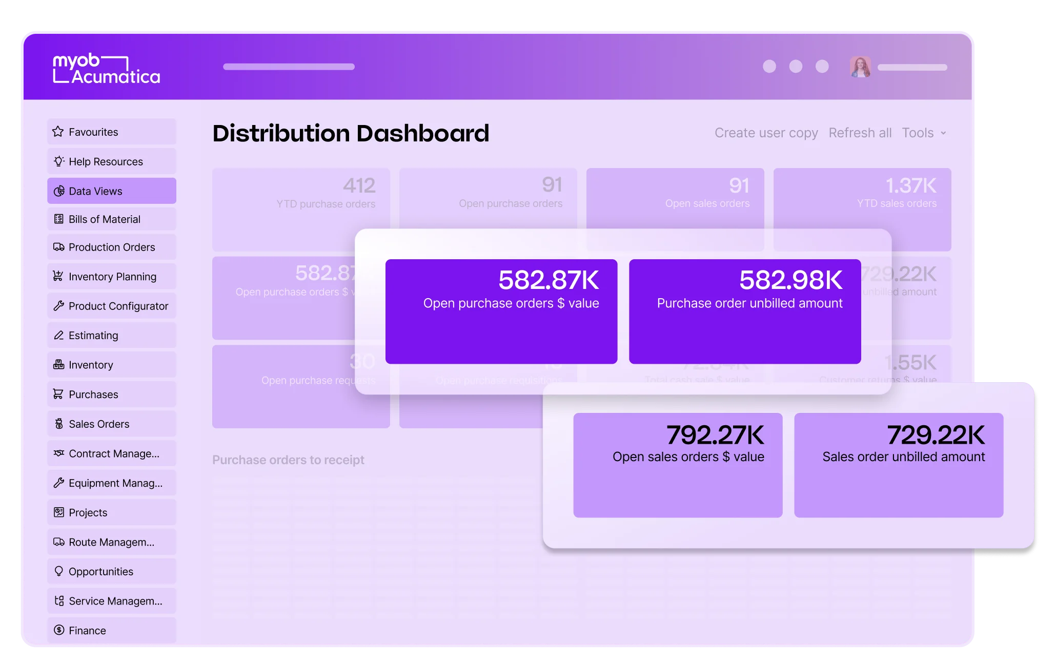 MYOB Acumatica Distribution Dashboard showing purchase and sales order metrics with financial values in purple interface.