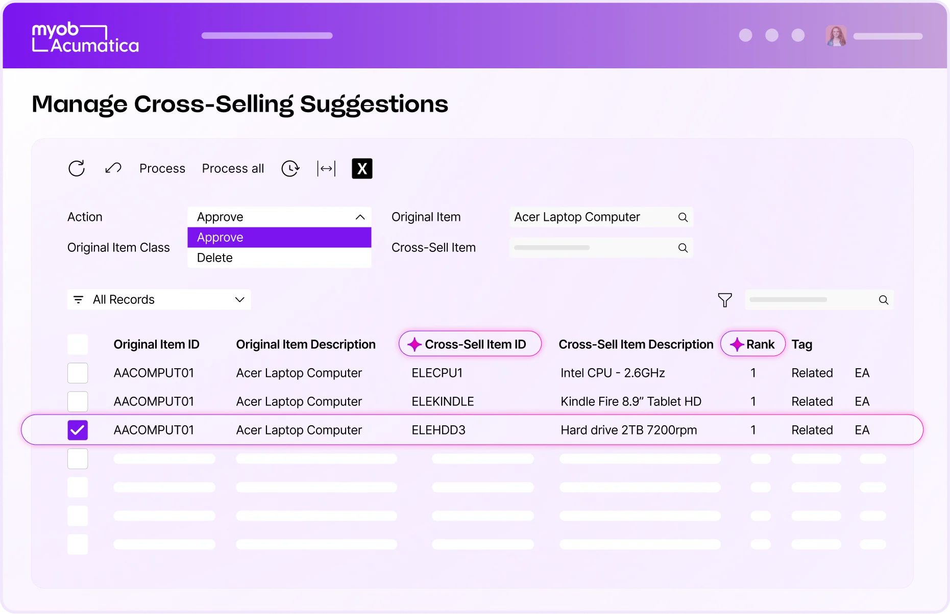 MYOB Acumatica Manage Cross-Selling Suggestions screen showing a list of cross-sell items for Acer Laptop Computer with one row selected.